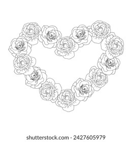 Line art spring camellia flower hearts background, hand drawn floral elements for Valentines day. Vector illustrations for card or invitations, coloring book.