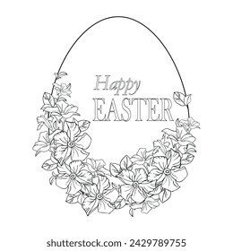 Line art spring flower Easter egg, hand drawn floral elements for Valentines day. Vector illustrations for card or invitations, coloring book.