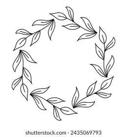 Line Art Spring Frame. Black Graphic Natural Border. Summer Leaves Round Wreath.