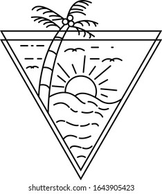line art spring summer sailboat car hill mountain camping palm beach wave ocean surf and sunset  logo minimalist landscape vector label emblem design