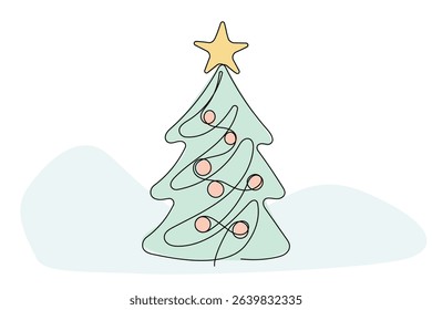 Line Art Spruce Christmas Tree Abstract Decoration Icon. Greeting Card Design Element. One Continuous Outline Curve Wavy Contour Drawing. Winter Holidays Banner Design Theme.