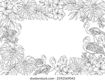 Line art square frame adorned with pink flamingo and tropical palm leaves and flowers