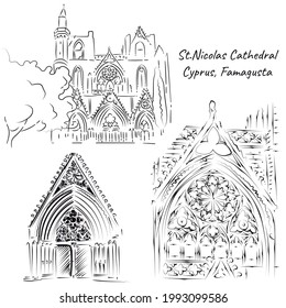 Line art of St. Nicolas Cathedral, Famagusta, Cyprus