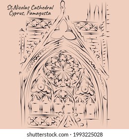 Line art of St. Nicolas Cathedral, Famagusta, Cyprus