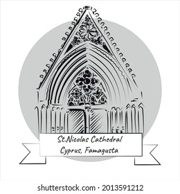 Line art of St. Nicolas Cathedral, Famagusta, Cyprus