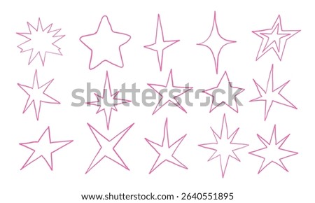 Line Art Star And Sparkle Shape. A vibrant collection of pink line art stars and sparkles featuring jagged bursts rounded points diamond icons. Perfect for pop visuals stickers and comic accents