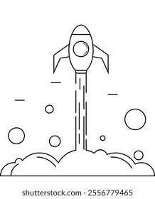 Line Art Start Up Rocket Launch into Space. Business and future technology vector art