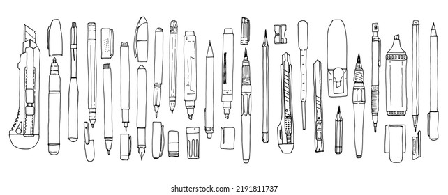 Line art stationery set sketch for cover design. a set of pencils and brushes, stationery knives and markers, black linear sketch isolated elements. Black stationery set sketch in retro style on white