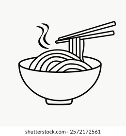 Line art of a steaming bowl of noodles with chopsticks doodle. Noodles in a bowl, steaming hot. Simple line art of noodles and chopsticks. Simple icon vector element doodle.