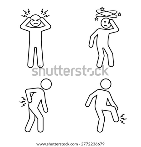Line art stick figure icon set showing body pain: headache, dizziness, backache, and leg injury.
