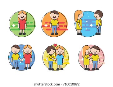 Line art stickers collection. Boy and girl met and fell in love. Happy Couple and Lover. Boyfriend and girlfriend love each other. Couple kissing and holding hand. MBE Style Illustration
