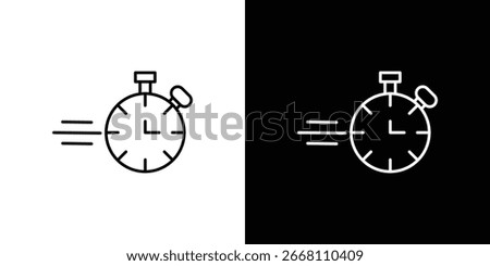 Line art stopwatch icon showing speed and time. Isolated on white and black backgrounds.