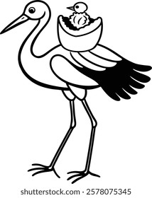 A Line art stork carrying a baby bundle.