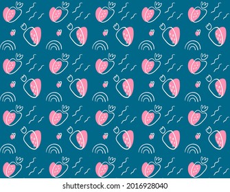 Line art of strawberries with abstract lines. Vector colorful hand drawn stylized pattern on blue background.