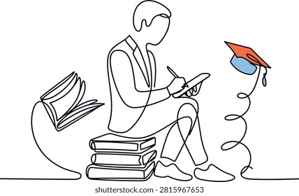 Line art of a student sitting on books with a graduation cap above.