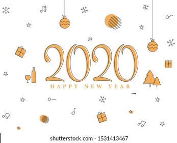 Line art style 2020 text with champagne bottle, xmas tree, baubles, gift box and stars decorated on white background for Happy New Year celebration.
