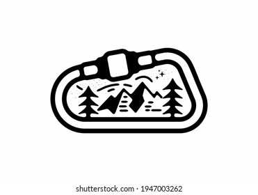 Line art style of carabiner and mountain illustration design