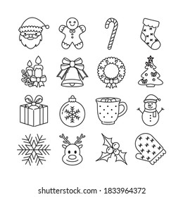 Line art style Christmas icon collection set. Holiday winter logo. Cute vector isolated on white.