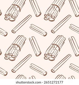 Line art style cinnamon stick seamless pattern. Exotic spice for store package, cafe menu design.