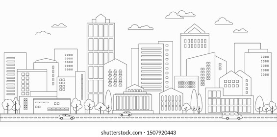 Line art style city background. Illustration of urban landscape street with cars,  office buildings, trees. Outline cityscape. Wide horizontal panorama. Vector illustration