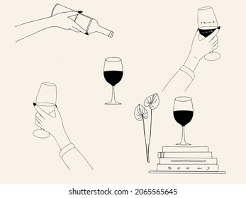 Line art style collection with wine glass, bottle, book, woman hand, alcohol. Hand drawn drink and beverage symbol. Vector illustration