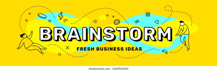 Line art style concept design for web, site, banner, presentation. Vector business creative illustration of word brainstorm with people and abstract elements on color background