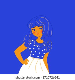 Line art style cute girl with short hair in polka dot dress