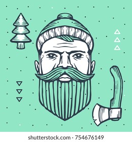 Line art style design of lumberjack with fir tree and axe for poster, banner, advertising. Vector vintage illustration of face of old hipster man in hat with beard and mustache on green background