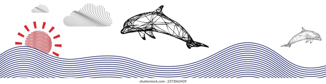 Line art style dolphin swimming. Line art background concept. Ocean environment with clouds and sunshine scenario. Modern Background design.