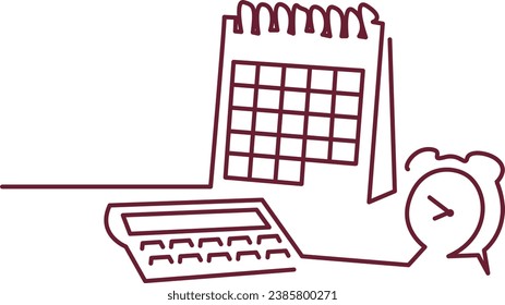 Dibujo de estilo de diseño de línea de elementos de escritorio comunes, como un calendario de escritorio, una calculadora y un reloj, que representa una planificación financiera sensible al tiempo, como la planificación de impuestos al final del año.