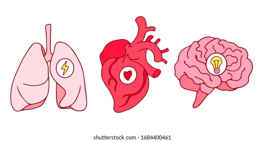 Line art style drawing, stickers design of lungs, hearts and brains icons