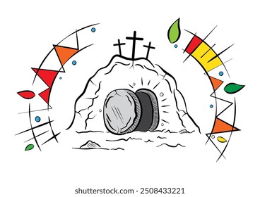 Line art style of Jesus’ empty tomb with the stone rolled aside. Symbolise hope and new life