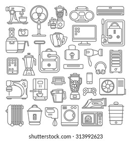 Line art style flat graphical set of home kitchen electronic device web site mobile app icons. Climate computer sewing washing coffee machine cooking blender boiler ironing. Lineart world collection.