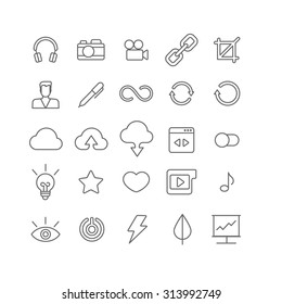 Line art style flat graphical set of web site mobile interface app icons. Music headphones camera video link crop user profile edit loading reload cloud upload download. Lineart world collection.