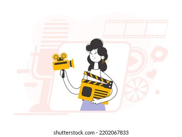 Line art style. Girl blogger. The concept of social networking. Vector.