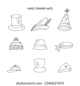 Line art style hand-drawn hat, cap, different kinds of headwear vector doodle cartoon.