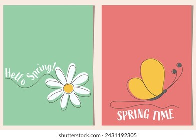 Estilo de arte de línea Hola colección de banners de temporada de primavera. Dibujo de carteles y juego de cartas con flores y plantas. Selección de banners de arte de línea decorados florales.