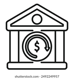 Line art style icon of a bank building with money turnover symbol inside, representing financial transactions and banking services