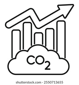 Ícone de estilo de arte de linha de um gráfico de barras com uma seta para cima indicando o aumento das emissões de co2