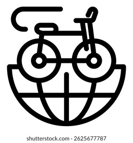 Line art style icon of a bicycle riding around the world, representing eco friendly global travel and exploration