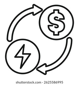 Line art style icon of energy cost concept with dollar and electricity symbols exchanging in cycle of arrows