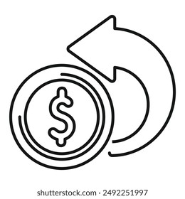 Line art style icon of a rotating arrow encircling a dollar coin, representing the concept of money turnover
