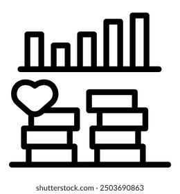 Line art style icon of a sales bar chart increasing with a loyalty program represented by hearts over stacks of coins