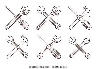 Line art style icon set of crossed tool including wrench, screwdriver and hammer. Perfect for repair service, construction and engineering theme design in technical and industrial project.