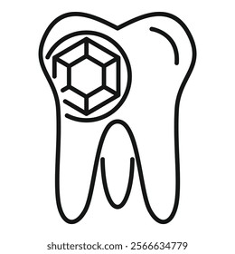 Line art style icon of a tooth with a nano bot inside, representing the concept of nanotechnology in dentistry