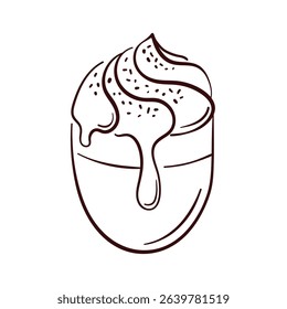 Line art style illustration of a coffee cup with whipped cream and cinnamon. Perfect for cafe menu, packaging, bakery branding or food design element on white background.