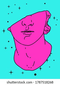 Line art style illustration of fragmentary colossal head of a youth, ancient Hellenistic gypsum sculpture. Vaporwave retrofuturistic print for shirt, wall poster or cover.