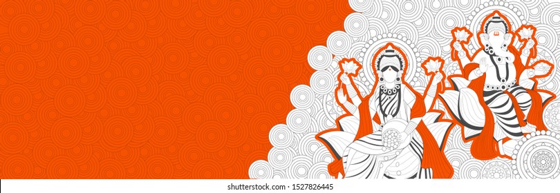 Ilustración artística en línea de la diosa Lakshmi y Lord Ganesha sobre un fondo circular sin fisuras en color naranja y blanco. Diseño de encabezado o banner.