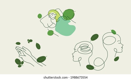 Line Art Style Illustration Set Of Good Sleep, Calm Mind, And Hand Rub For Nature Wellness Health Content