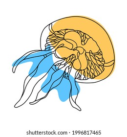 line art style Jellyfish in ocean or sea. Can be used for t-shirt print, logo. Underwater animal abstract linear contour vector illustration isolated on a white background.